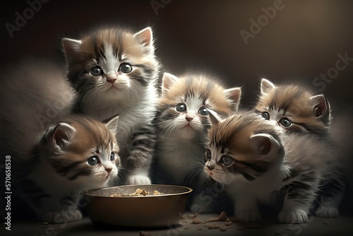 A group of beautiful puppy cats ready to eat their food accompanied with their mother, in beautiful classic style illustration, generative ai © Sebastián Hernández