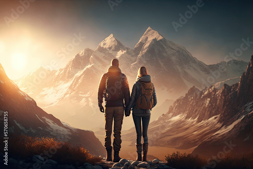 Couple against mountain background. Illustration Generative AI