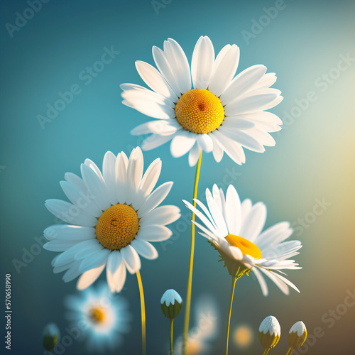 close up shot of white isolated daisies flowers in the wild.  macro shot of white blooming daisies isolated. Generative Ai