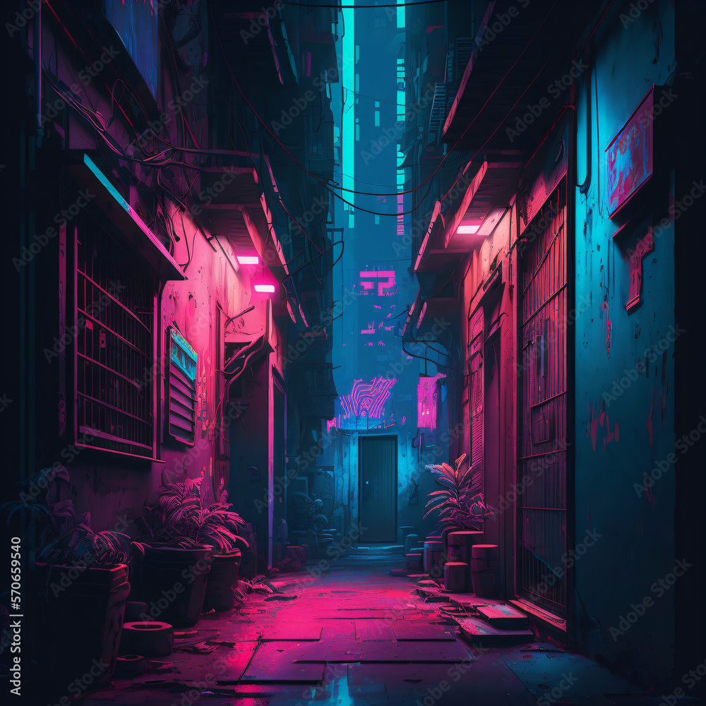 pink and blue neon lights on a city alley. neo-noir pink and blue style city street. cyberpunk style dark alley with pink and blue gradient neon lights. Generative Ai - obrazy, fototapety, plakaty 