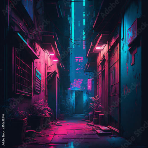 Fototapeta pink and blue neon lights on a city alley