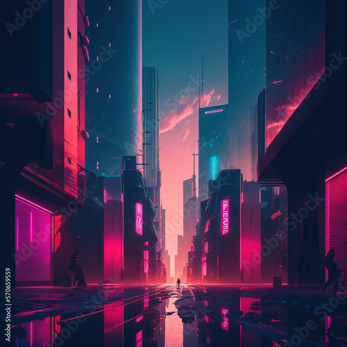 pink and blue neon lights on a city full of skyscrapers. neo-noir pink and blue city full of skyscrapers. cyberpunk style dark city with pink and blue gradient neon lights. Generative Ai
