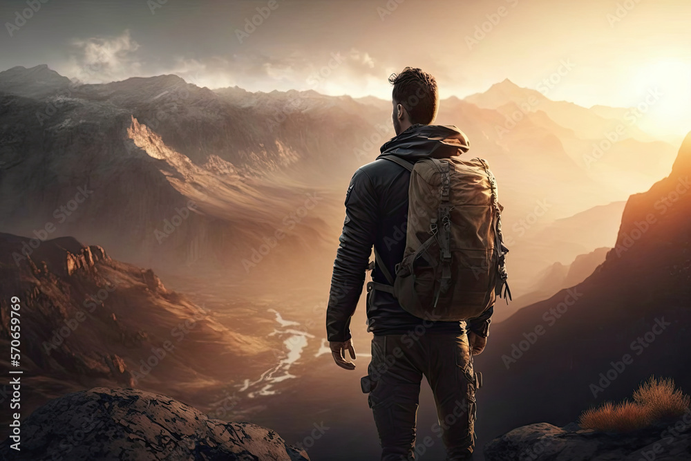 Man on mountain background. Illustration Generative AI