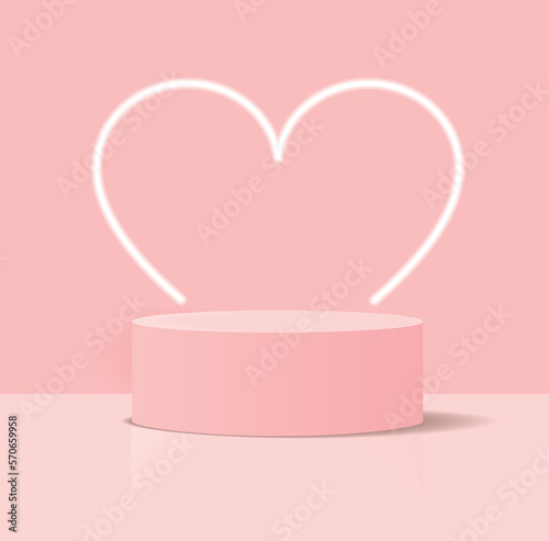 Minimalist 3D Pastel Pink Vector Composition with a Low Cylindrical Podium and a Neon Heart in the Background, ideal for Product Presentation. Simple Geometric Mokup Product Display. Round Stage.