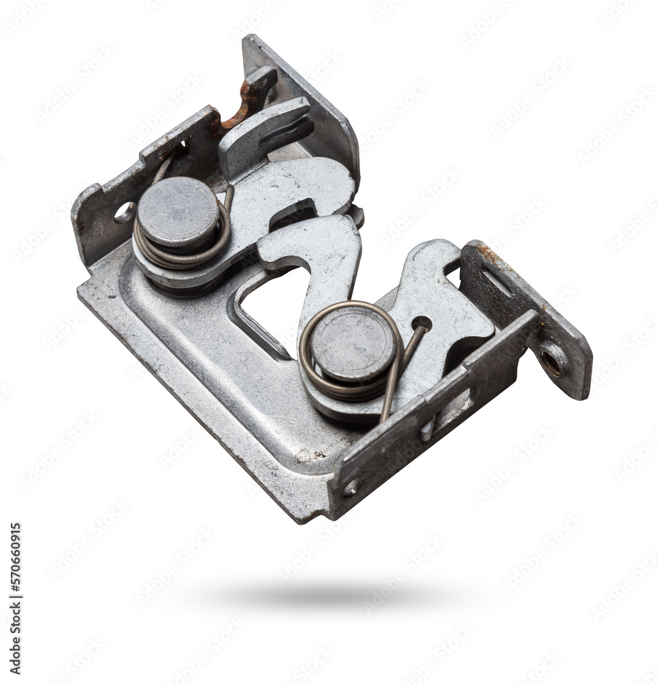Detail of a car spare part made of metal - the hood lock separately isolated on a white background. Repair in a car workshop, equipment for sale. Detail of a car spare part made of metal - the hood lock separately isolated on a white background. Repair in a car workshop, equipment for sale.