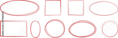 collection of red doodle shapes, circular and rectangular highlight frames vector illustration