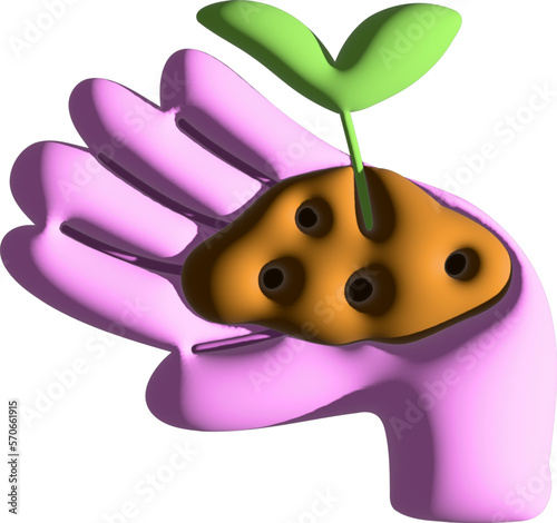 3D a handful of earth on a pink hand