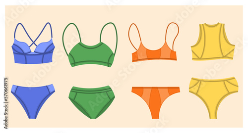 Minimalist sportive lingerie set. Summer time modern beachwear. Two-piece underwear collection.
