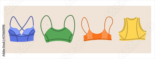 Minimalist sportive lingerie set. Summer time modern beachwear. Top underwear collection.