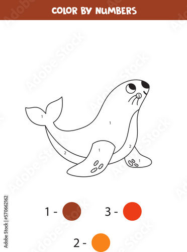 Color cute sea lion by numbers. Worksheet for kids.