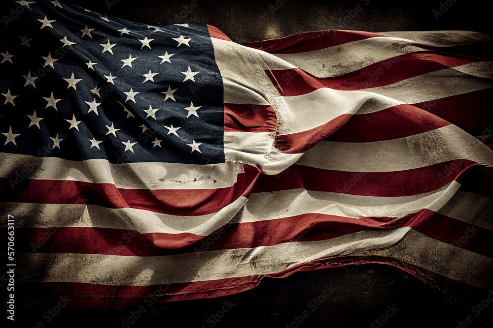 © Tony Baggett - American flag of the United States of America background with a distressed vintage weathered effect also known as the Stars and Stripes, computer Generative AI stock illustration image © Tony Baggett - American flag of the United States of America background with a distressed vintage weathered effect also known as the Stars and Stripes, computer Generative AI stock illustration image