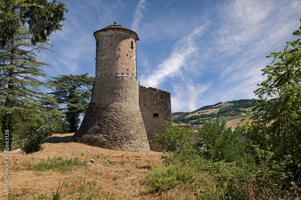 Rocca San Casciano, Forli Cesena, Emilia Romagna, Italy: tower and ruins of the medieval castle called Castellaccio on the hill above the ancient town in the Apennine mountains