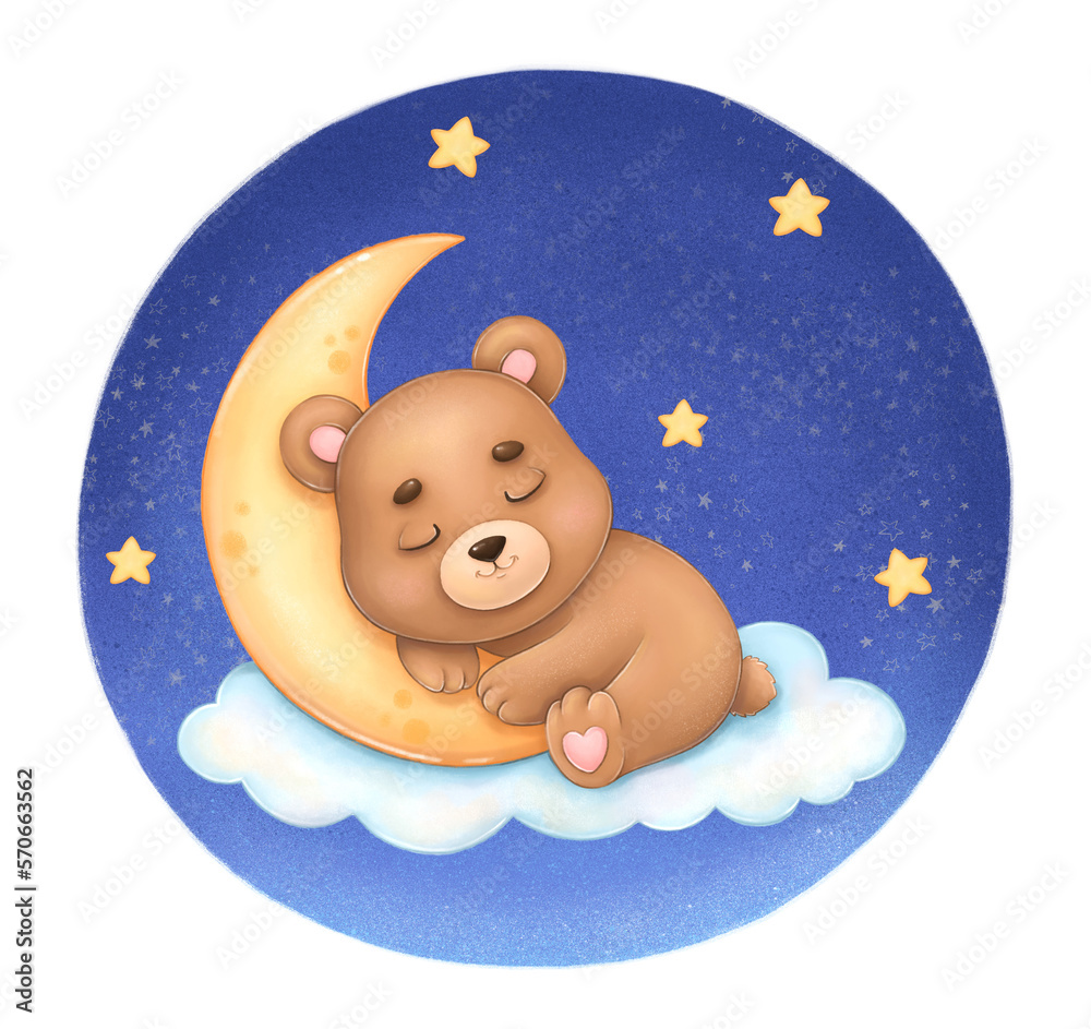 Cute teddy bear sleeping on a cloud against the night sky Stock ...
