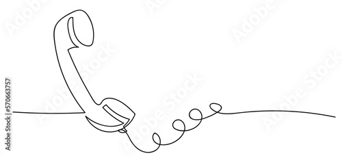 One line drawing of isolated vector object telephone receiver. Vintage retro telephone communication concept. EPS10 vector illustration. Black thin line of an old phone with a line.