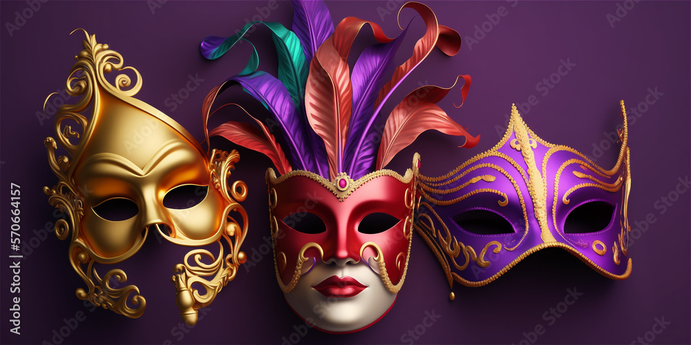 Mardi Gras or carnival mask on purlple background, generative AI
