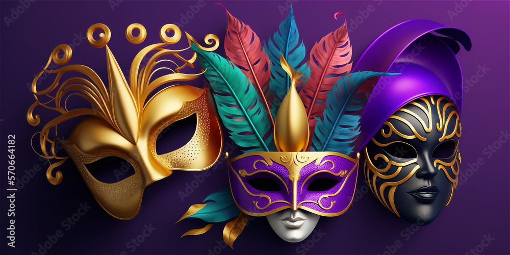 Various Mardi Gras or Carnival mask on purple background, Generative AI