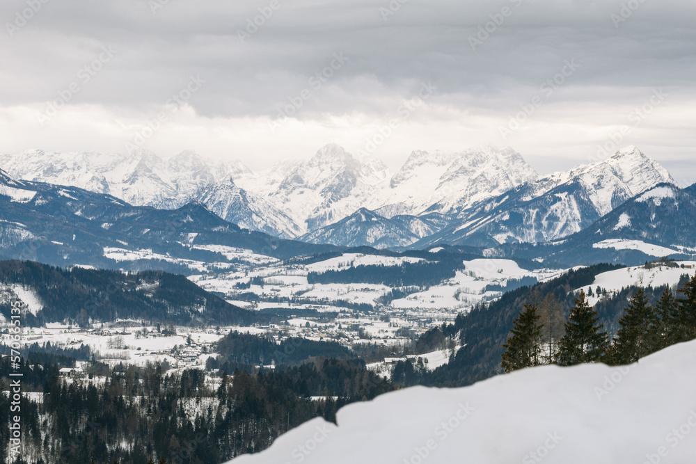 View from Rosenau to Windischgarsten with snowy alps
