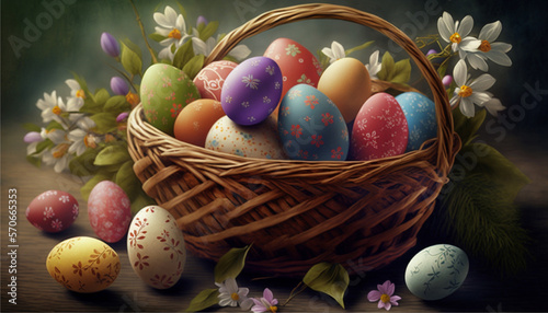 Happy Easter festival with Easter eggs in basket, Generative ai