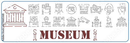 Museum icons flat line set of statue column audio guide isolated vector illustration