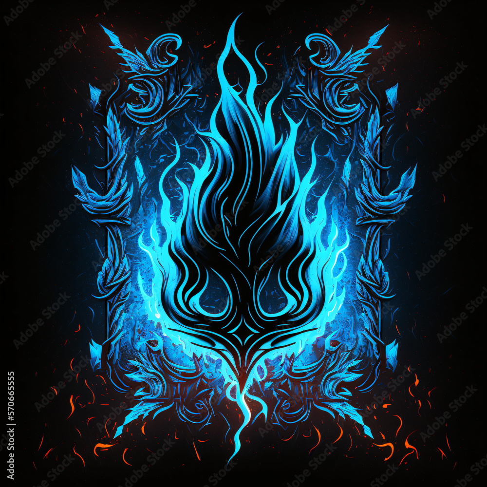 silhouette of a fire flame in blue neon color. symbol of a fire flame on neon lights, a fire flame silhouette isolated on a dark background. Generative Ai