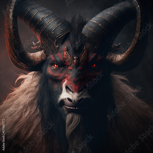 Photo portrait of an evil four horned goat satyr monster with red paint all over its b