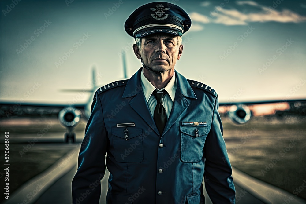 Close up portrait of an airliner pilot male wearing blue flight uniform and captain's cap on the blurred airport background. Generative AI Close up portrait of an airliner pilot male wearing blue flight uniform and captain's cap on the blurred airport background. Generative AI