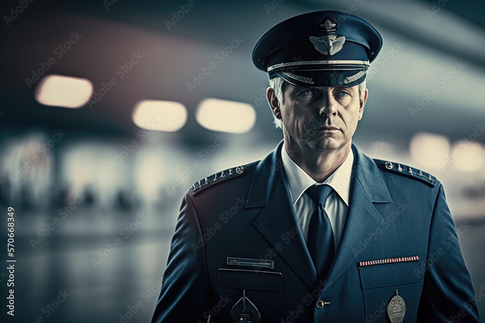 Close up portrait of an airliner pilot male wearing blue flight uniform and captain's cap on the blurred airport background. Generative AI