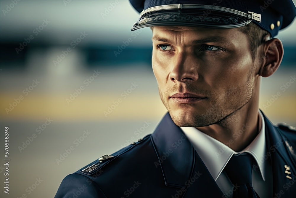 Close up portrait of an airliner pilot male wearing blue flight uniform and captain's cap on the blurred airport background. Generative AI