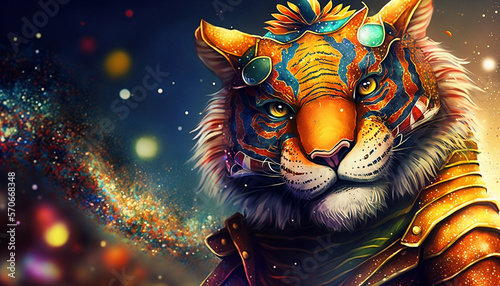 Let's Shake Off Our Worries and Join the Carnival Celebration, A Vibrant Digital Illustration Featuring a Tiger in a Samba Costume and Dancing to the Beats. Digital Illustration. Generative ai