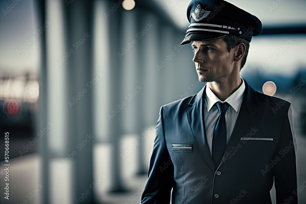 Close up portrait of an airliner pilot male wearing blue flight uniform and captain's cap on the blurred airport background. Generative AI Close up portrait of an airliner pilot male wearing blue flight uniform and captain's cap on the blurred airport background. Generative AI