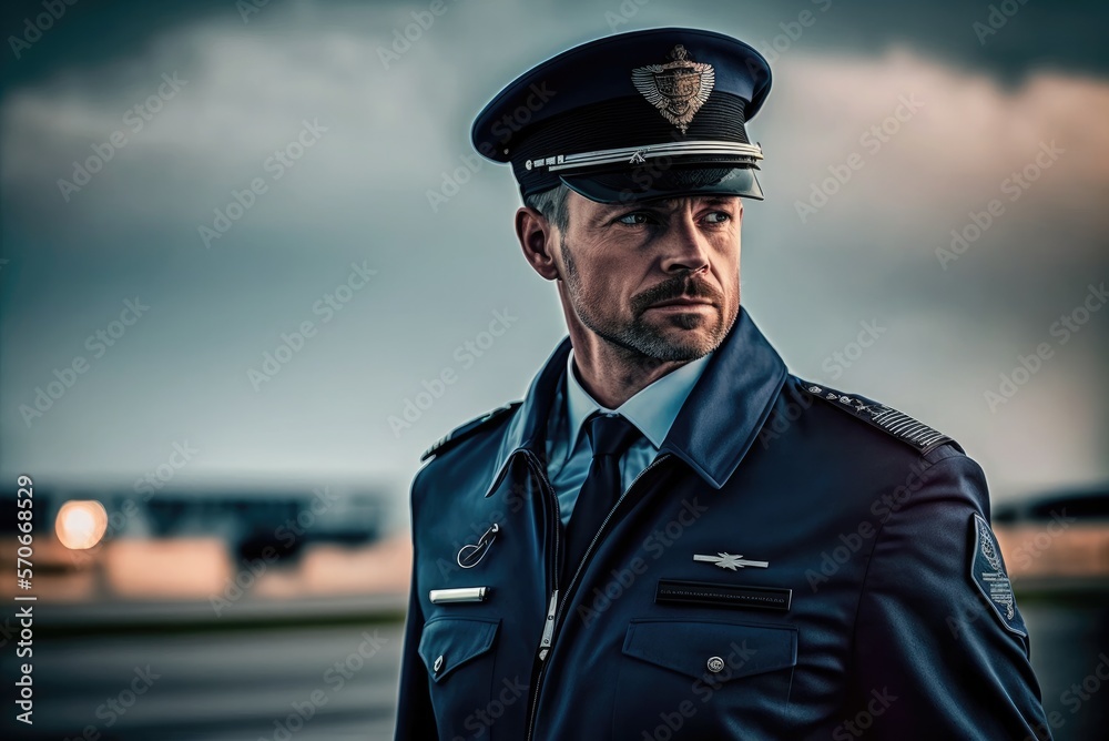 Close up portrait of an airliner pilot male wearing blue flight uniform and captain's cap on the blurred airport background. Generative AI Close up portrait of an airliner pilot male wearing blue flight uniform and captain's cap on the blurred airport background. Generative AI