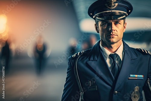 Close up portrait of an airliner pilot male wearing blue flight uniform and captain's cap on the blurred airport background. Generative AI