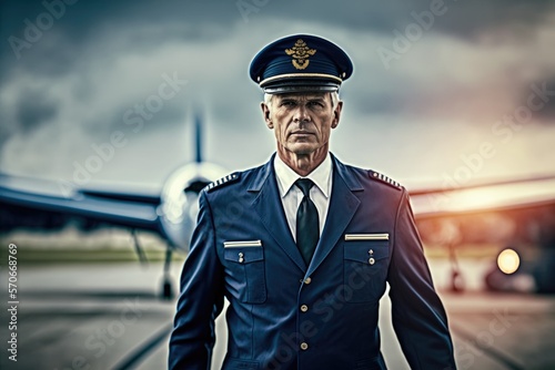 Close up portrait of an airliner pilot male wearing blue flight uniform and captain's cap on the blurred airport background. Generative AI © Nataly
