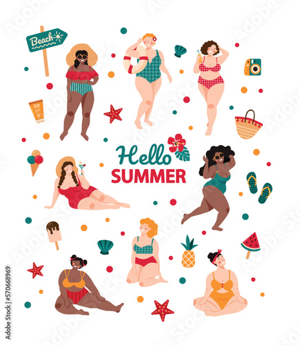 Vector set of illustrations depicting plump funny girls in swimsuits in a flat style. A set of summer beach stickers with girls in swimsuits