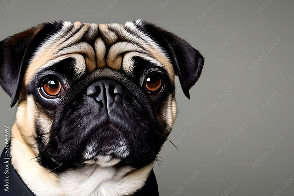 Portrait of a pug dog dressed in a formal business suit