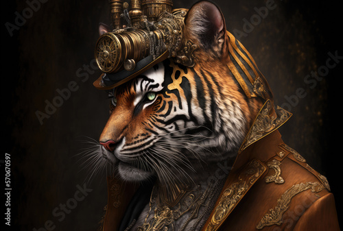 A portrait of a Steampunk style tiger. Created with Generative AI.