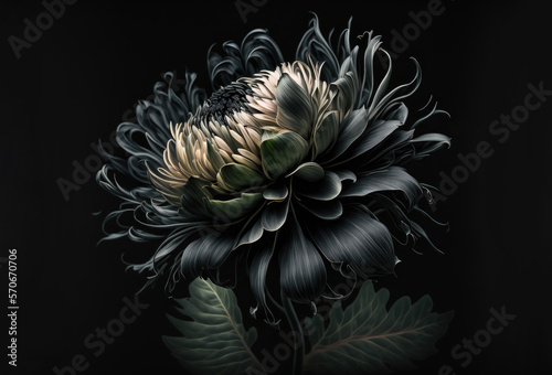 A beautiful black Chrysanthemum morifolium flower on a black background. Created with Generative AI. photo
