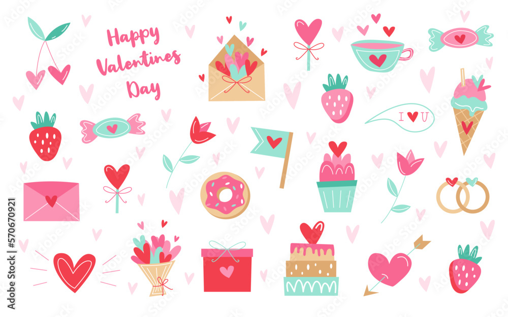 Valentine's day doodle vector illustration elements set. Love theme romance collection stickers isolated on white background. Cute beautiful sweets, hearts, flowers in cartoon style design.