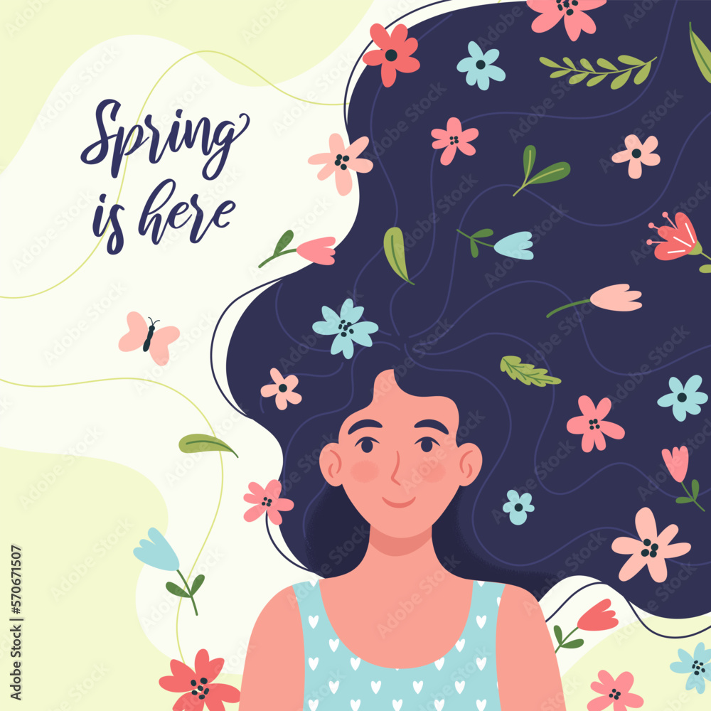 Spring greeting card or postcard template with beautiful woman and flowers. Lovely cute illustration for 8 March, Women's Day celebration.