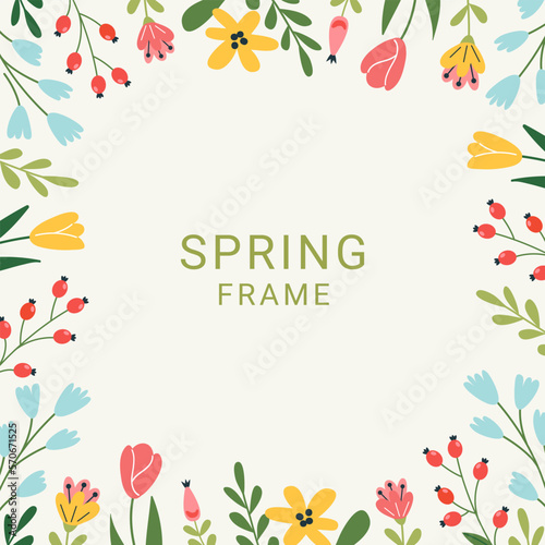 Spring floral square background. Floral frame. Lovely spring summer flowers. Vector template for card, banner,  invitation, social media post, poster, mobile apps, web ads