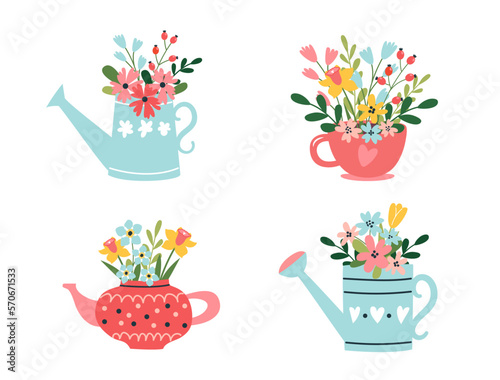 Spring set of hand drawn elements. Floral decorations. Bouquets of flowers in a watering can, cup, teapot. Seasonal symbols. Suitable for scrapbooking, greeting card, poster, stickers, flower shop.