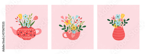 Bouquets of flowers in a teapot, cup, vase. Tulips, daffodils, spring and summer flowers and plants. Decorative items from a flower shop. Greeting cards. March 8, Women's Day, Mother's Day.