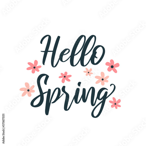 Hello Spring. Hand drawn lettering with flowers. Design for greeting card, poster, banner, invitation.