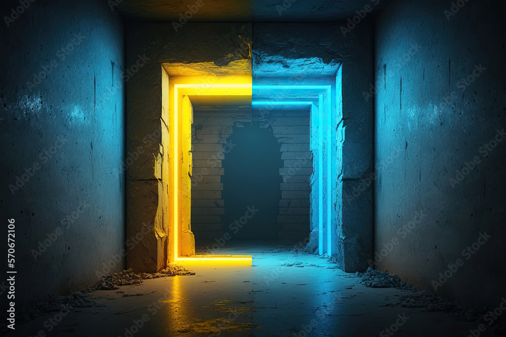futuristic interior scifi, lights blue and yellow 3d colorful rendered background panorama