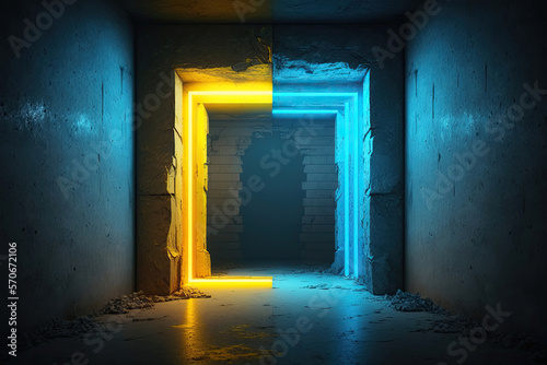 futuristic interior scifi  lights blue and yellow 3d colorful rendered background panorama