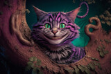Cheshire cat with pink and purple stripes from Alice in wonderland. Generative AI
