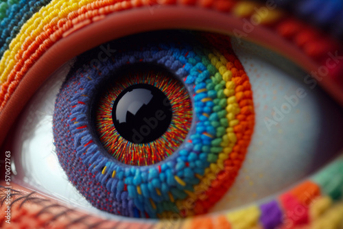 Multicoloured knitted eye close up. Generative AI