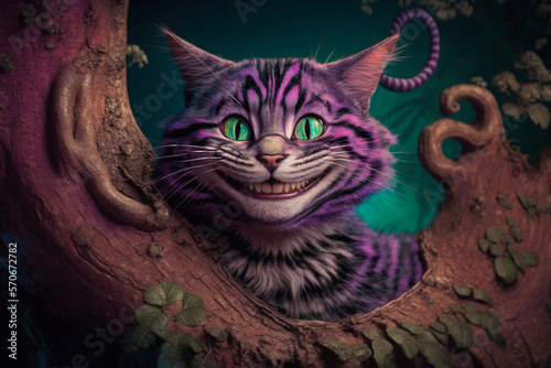 Cheshire cat with pink and purple stripes from Alice in wonderland. Generative AI