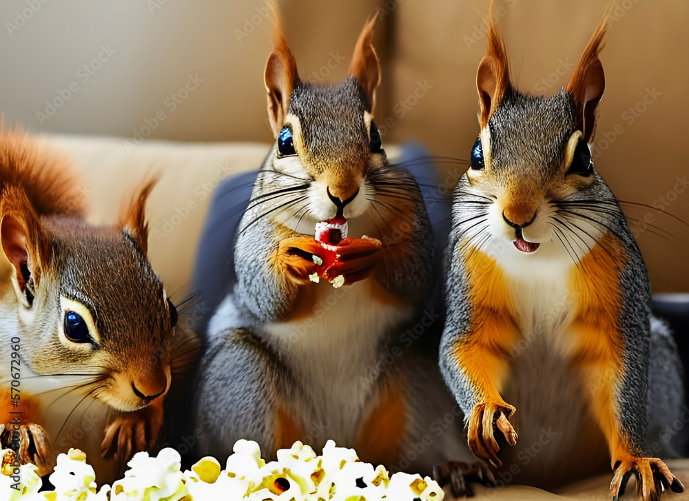 AI generative illustration of cute squirrels eating popcorn in your