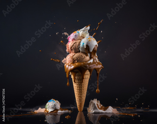 fruit balls different ice cream in a waffle cone on a dark background. Generative AI